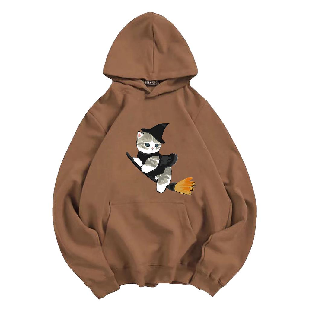 European and American Autumn and Winter Witch Cat Print Hoodie Sweatshirt for Men and Women, Korean Style Casual Tops for Couples