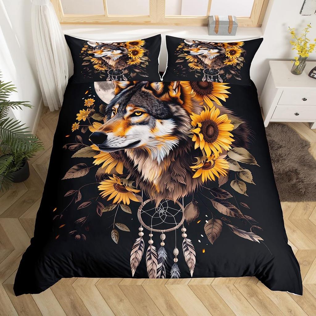 Wolf Duvet Cover Twin Dream Catcher Bedding Set for Kids Boys Girls Wild Adventure Comforter Cover Wild Animals Bedspread Cover