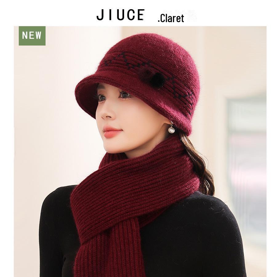 Winter Luxury Rabbit Fur Knit Hat & Scarf Set - Thick, Warm, Ear-Protecting for Middle-Aged & Elderly