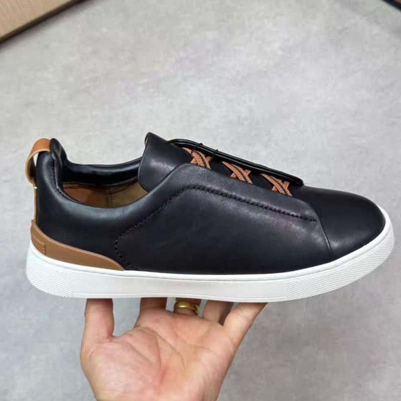 Mens Genuine Leather Slip-On Casual Sneakers With Elastic Band Comfortable Breathable Low-Top Flat Shoes