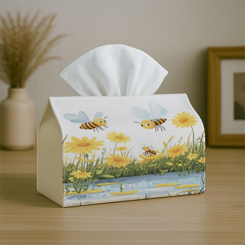 1pc Vintage Bee & Honeycomb Tissue Box Holder Cover - Bee Yellow Flower Spring Design, Durable Polyester Napkin Holder Suitable for Kitchen, Living Ro