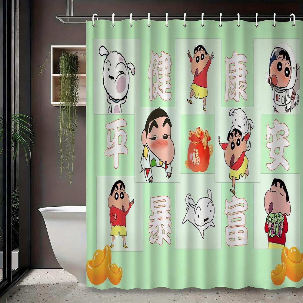 Crayon Shin-Chan & Friends Adventure On Rocks 2D Print Waterproof Shower Curtain, Blue Night Anime Bathroom Decor With Hooks