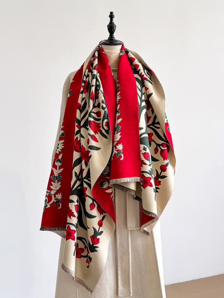  Winter New: Elegant Women's Pattern Scarf, Thick Faux Pashmina Double - Sided Shawls, Warm Foulard Female Blanket Wraps