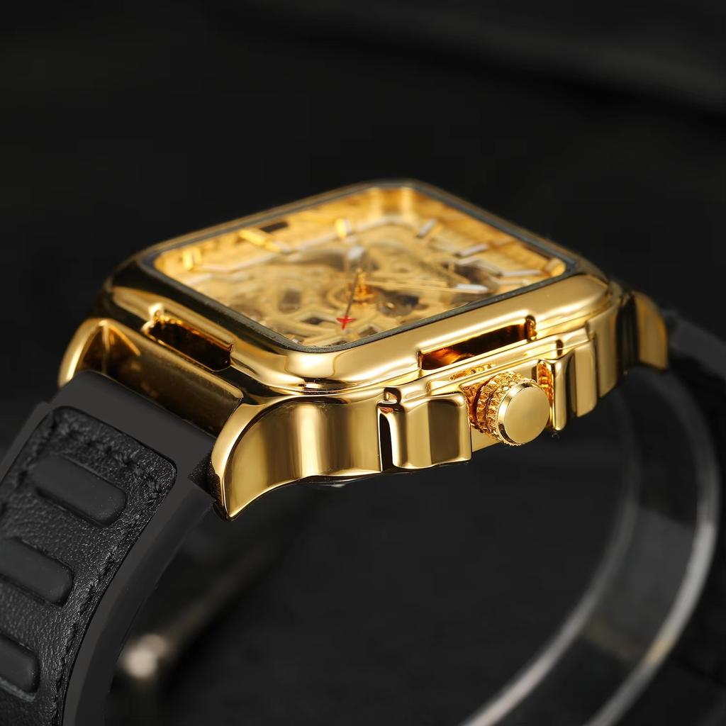 Forsining Square Dial Skeleton Watch Automatic Watch for Men Luxury Sports Mechanical Wristwatch Waterproof Luminous Leather Band