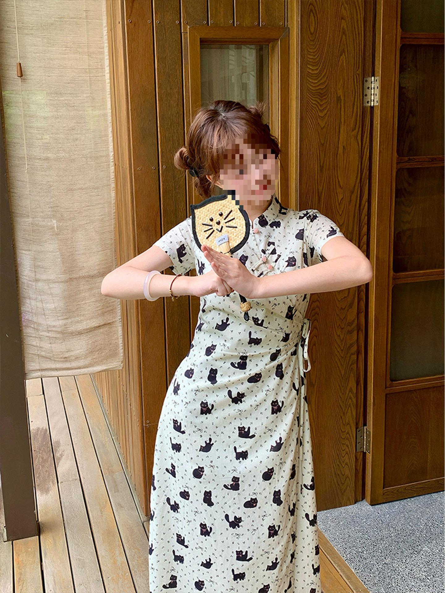 Sinsingirl Fun Meow Meow Cat Print Summer Cheongsam Dress for Girls M
