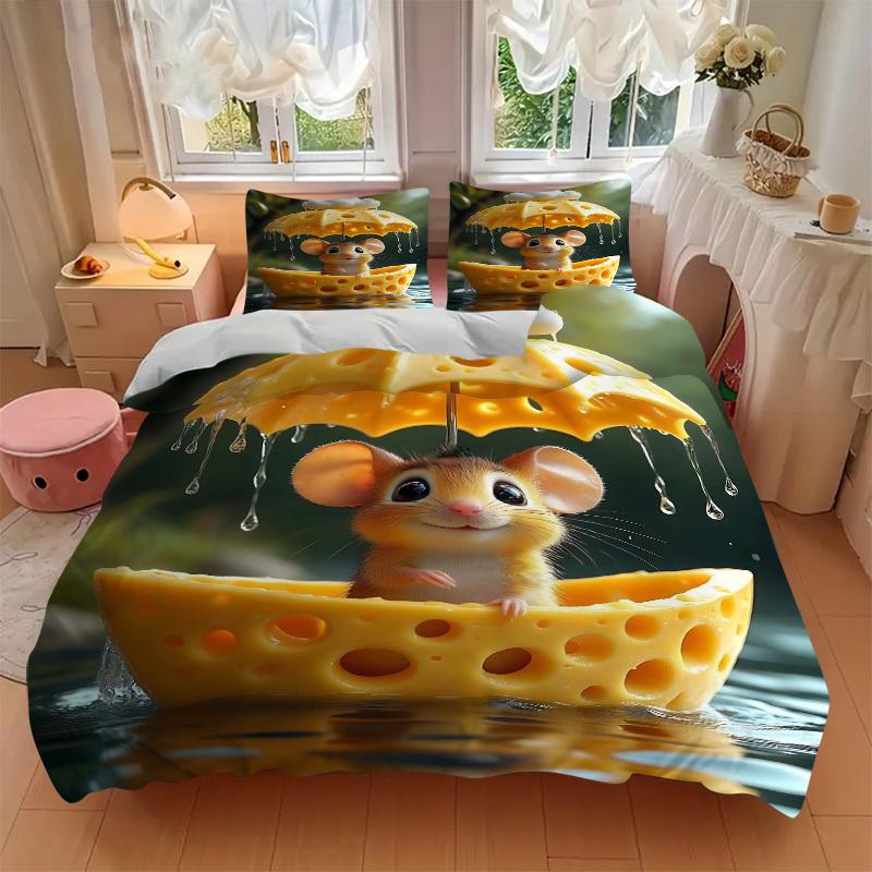 3pcs Anime Mouse Cheese Umbrella Bedding Set - Includes One Quilt Cover and Two Pillowcases (No Core) - Polyester Fabric - Perfect for Bedro