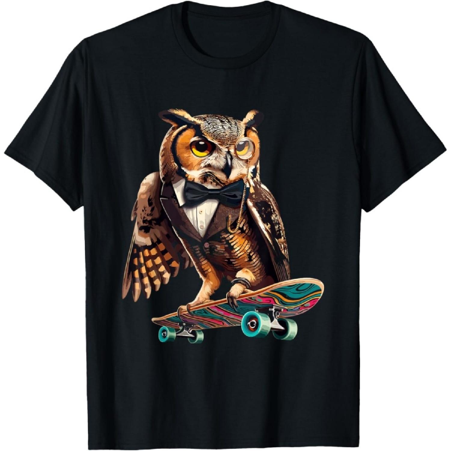 Sophisticated Owl Skateboarding Adventure T-Shirt S