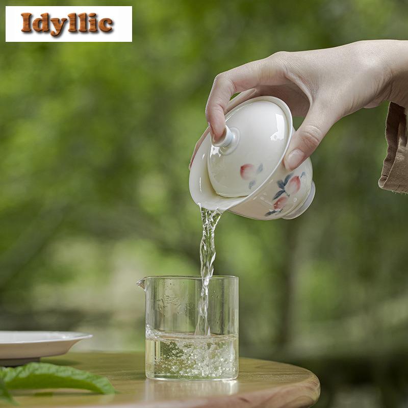 140ml Jade Mud Hand-painted Peach Gaiwan Boutique Tea Tureen Tea Bowl With Lid Kit Tea Maker Cover Bowl Chinese Teaset Ornaments