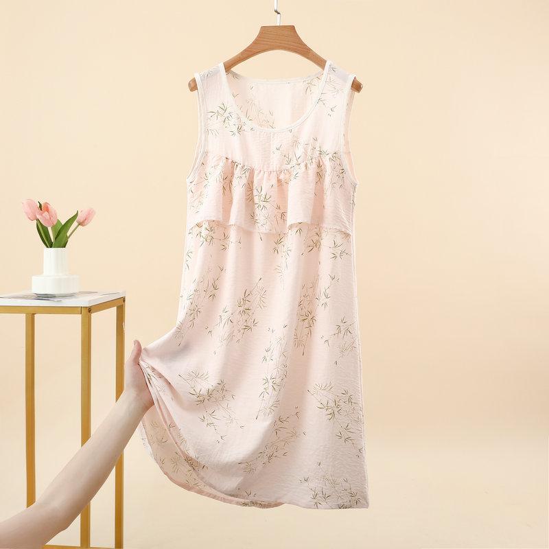 Summer Women's Floral Tank Dress Sleeveless Sleepdress Cloud Silk Cotton Anti-Bulge Camis Nightdress Loose Plus Size Loungewear Casual Wear Nightgown