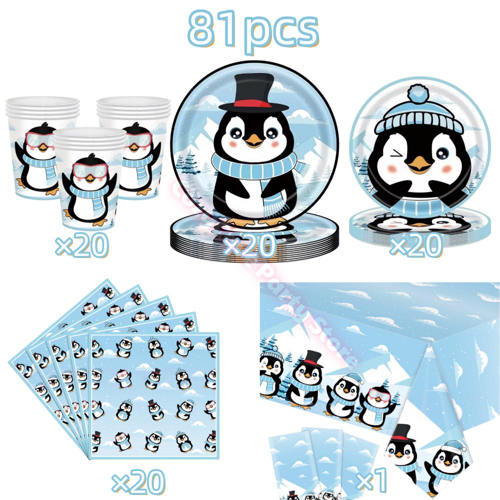 Penguin Theme Birthday Party Supplies Penguin Winter Xmas Banner Cup Plate Balloons For Kids Baby Shower Favor Gifts Photo Props