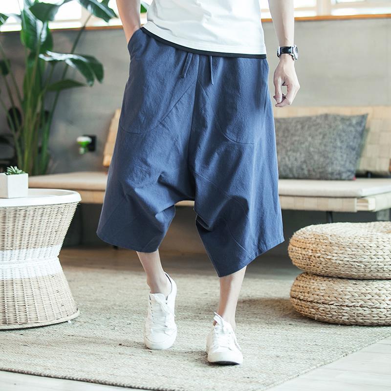 Spring Summer Thin Beach Casual Shorts Men Japenese Wide Leg Baggy Capris Pants Male Sport Running Shorts