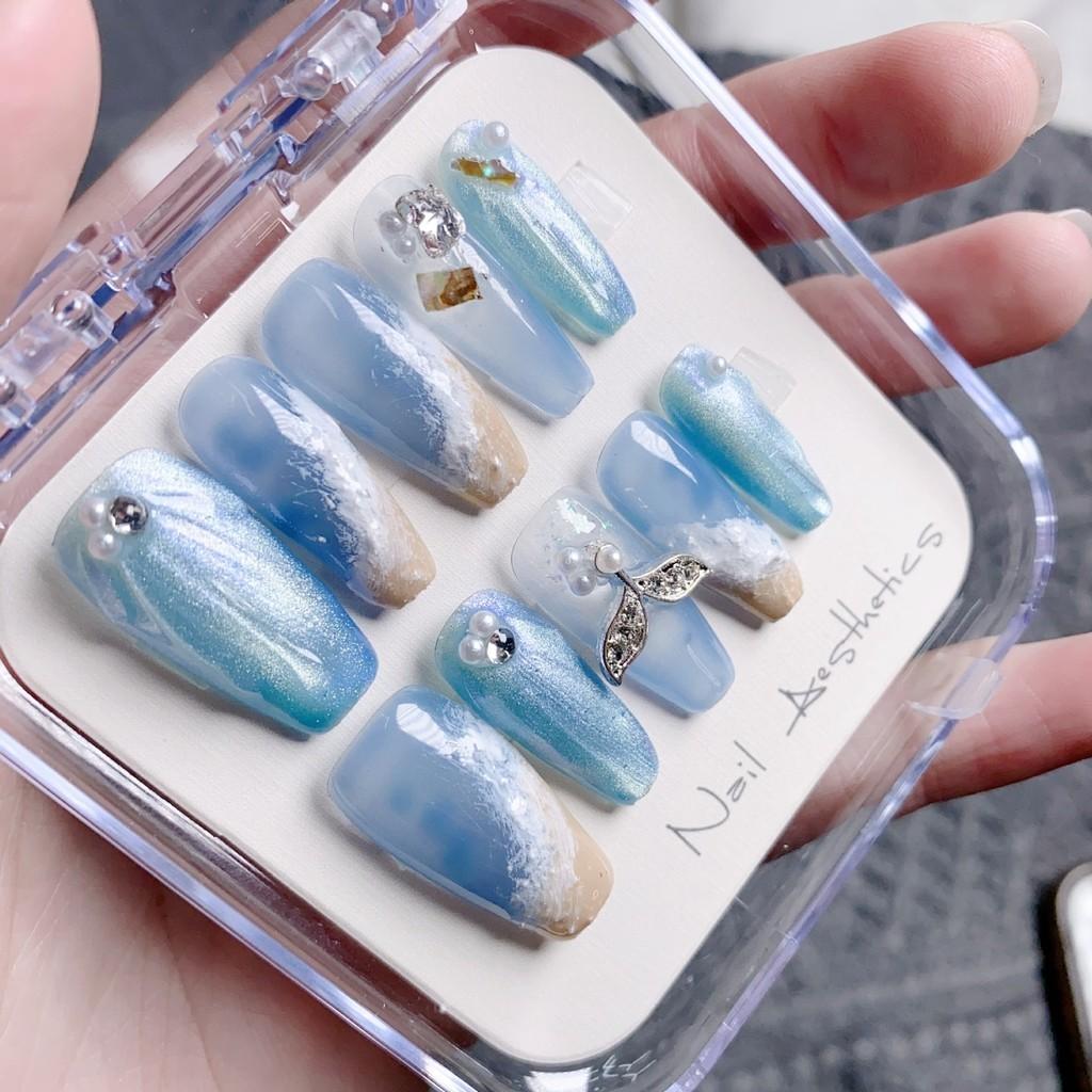 

Blue Beach Handmade Mermaid Pearl Hand-painted Plaster Wave Ocean Bride Nail Art Xs Set M