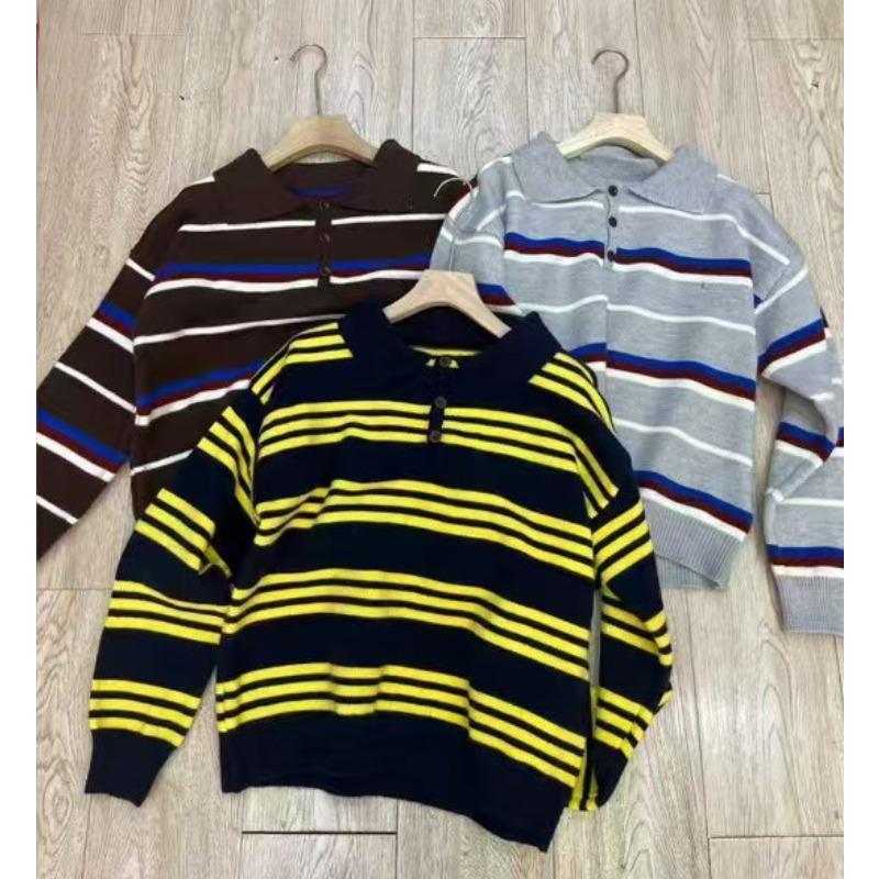 

Ретро пуловер свитер осень и зима ветер контрастные цвета полосатый лацкан сращивание свободный вязаный свитер женский One size серый