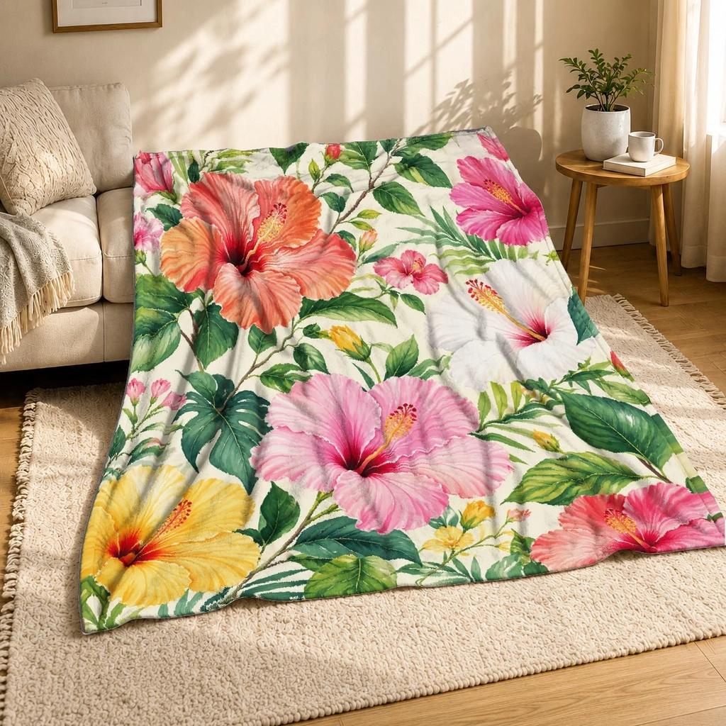 Tropical Hibiscus Floral Cozy Throw Blanket Beach Garden Decor