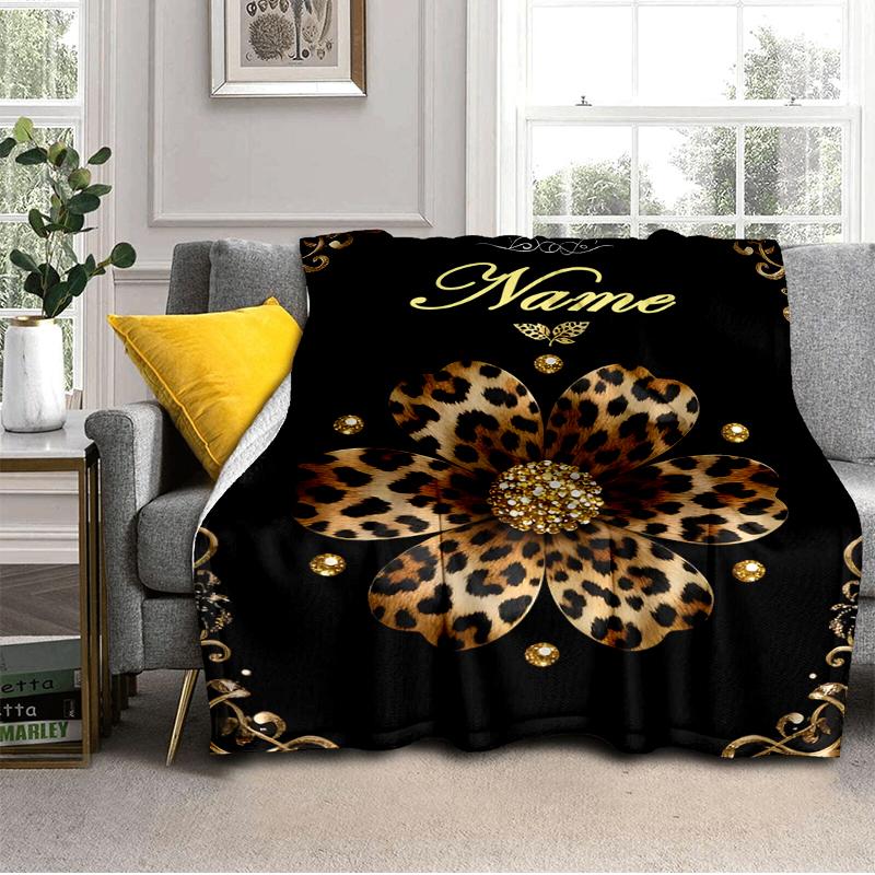 1PC Custom Name Golden Leopard Flower outdooor Flannel blankets Throw Blanket All-Season Throw Gift Bedspread for Couch, Bed, Camping Holiday Birthday