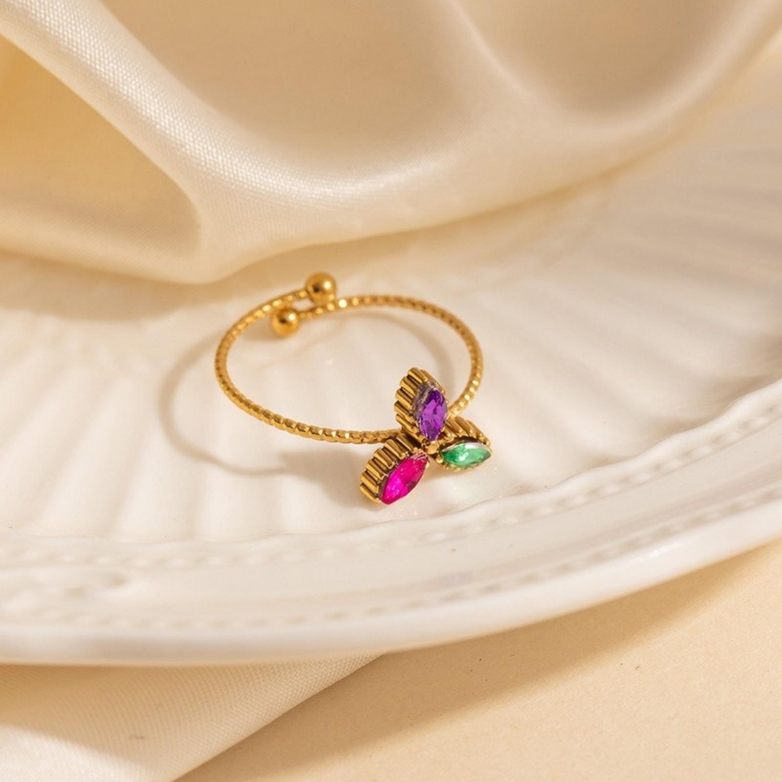 Doreen Box 1pc Exquisite Gold Plated Rings Stainless Steel Open Adjustable Leaf Clover Shamrock Rings For Women Gift 19.3mm
