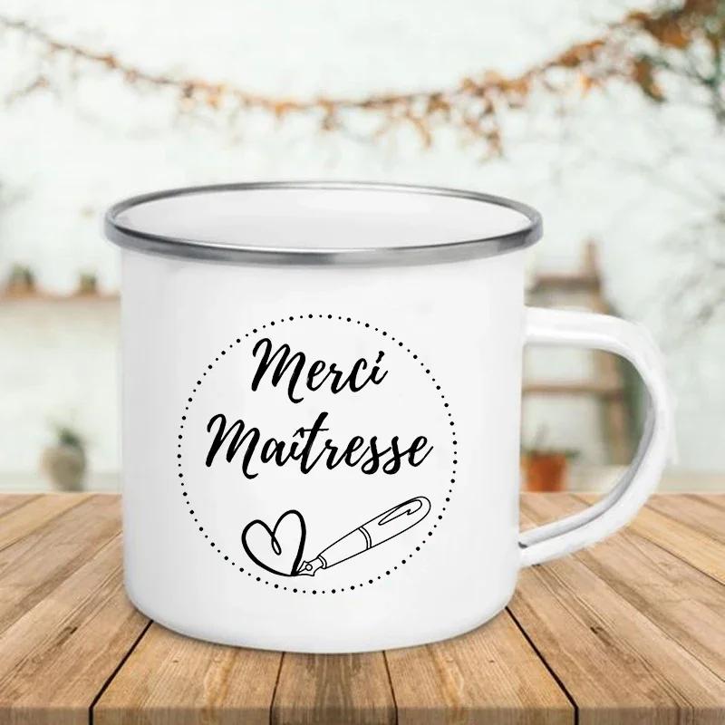 French Super Teacher Print Mugs Creative Coffee Cups Drinks Water Milk Cup Enamel Mug School Home Handle Drinkware Teacher Gifts