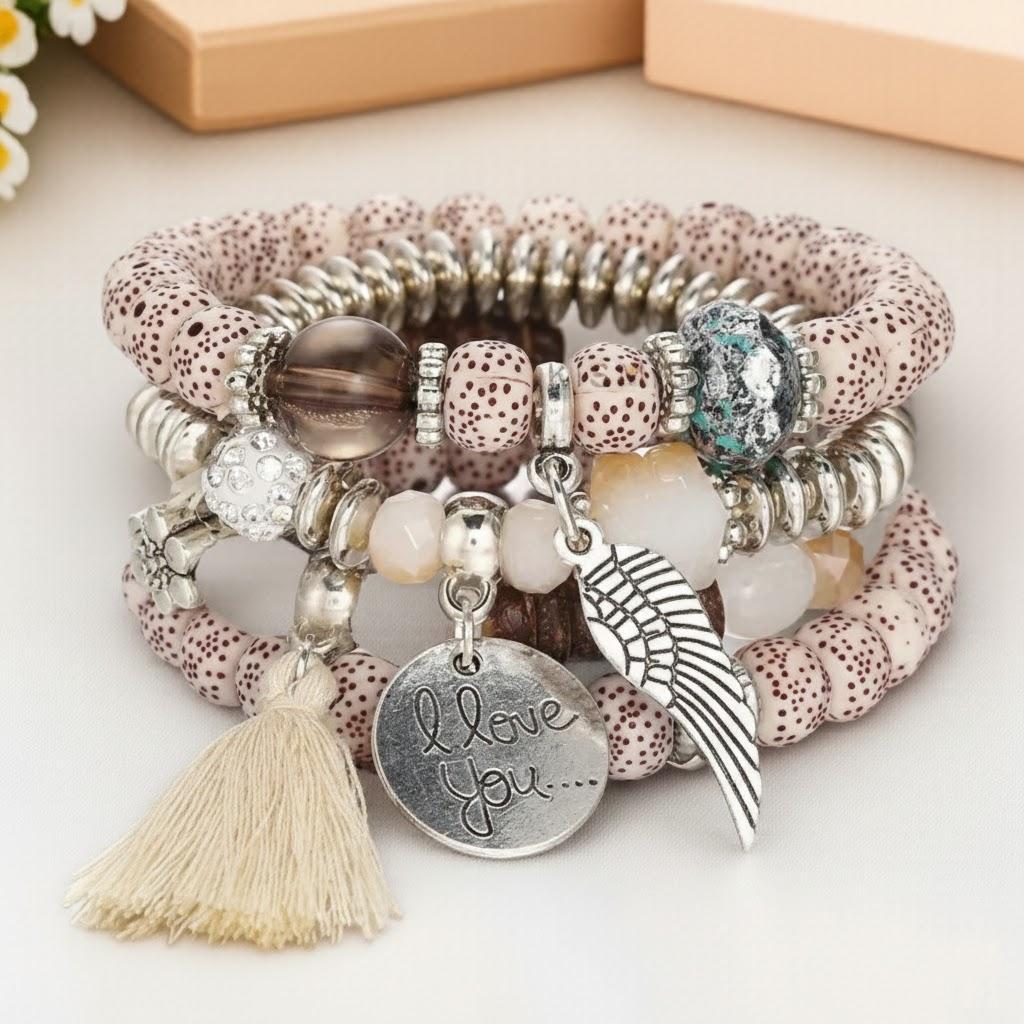 

4Pcs Bohemian Multilayer Stretchy Bead Bracelets Women Fashion Jewelry Love Tassel Charm Accessories бежевый