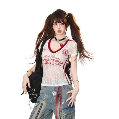 2KWEIRD V-neck Micro Transparent Lace Embroidery T-shirt Women's Short Sleeved Top Y2k Aesthetic Top