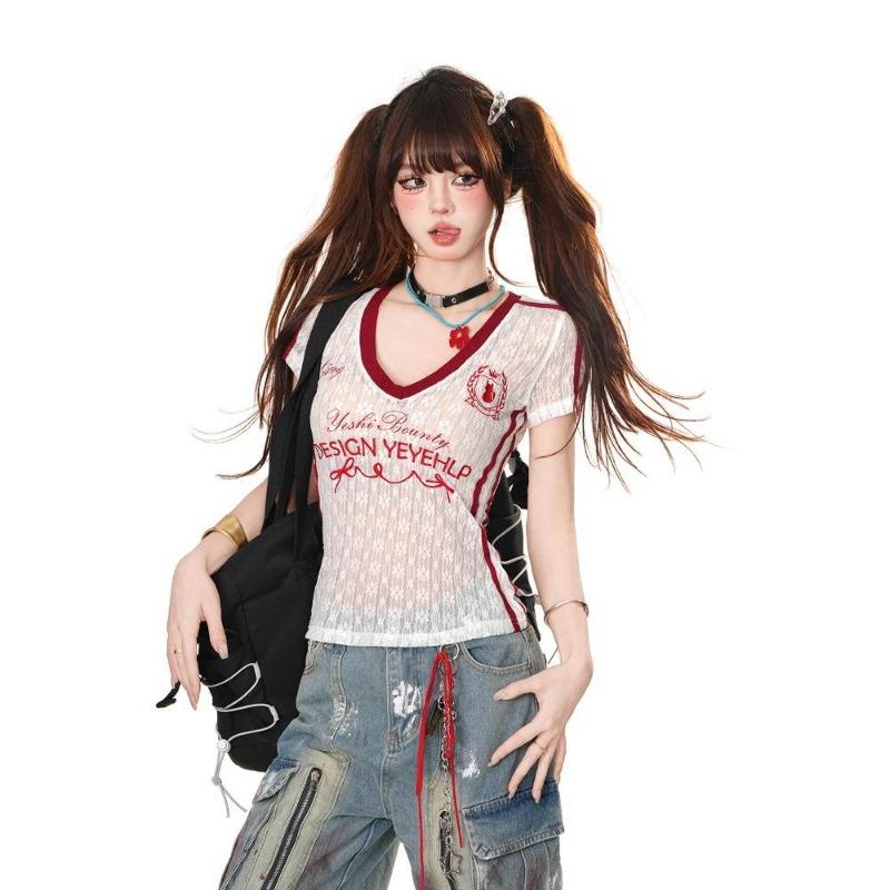 2KWEIRD V-neck Micro Transparent Lace Embroidery T-shirt Women's Short Sleeved Top Y2k Aesthetic Top