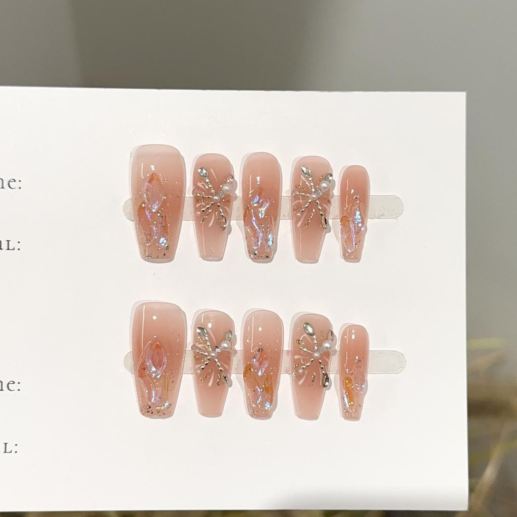 Pure‑Handmade Finished Press‑On Nails Pink‑Blush Firework‑Style Light‑Luxury Rhinestone Sparkling False Nail Patches