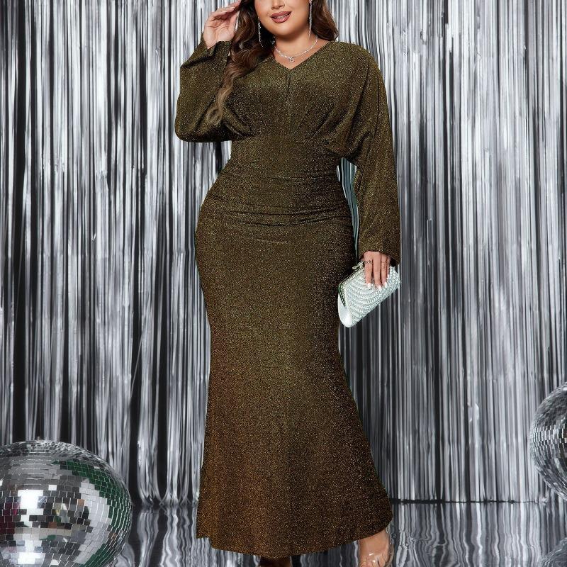 Sexy V Neck Long Sleeve Mermaid Evening Dress High Waist Plus Size