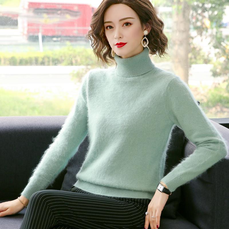 Autumn Winter Loose Solid Color High Neck Pullover Mink Cashmere Sweater Women Knitwear Pullover Thick Warm Solid Color Base High Lapel Clothing Tops
