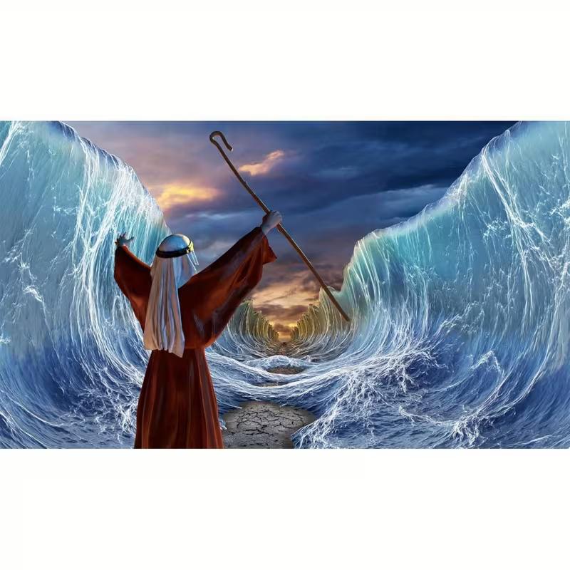 2D Biblical Moses Miracle Tapestry, Parting The Red Sea Blue Wave Scene Wall Hanging 47.2x31.5inch/120*80cm