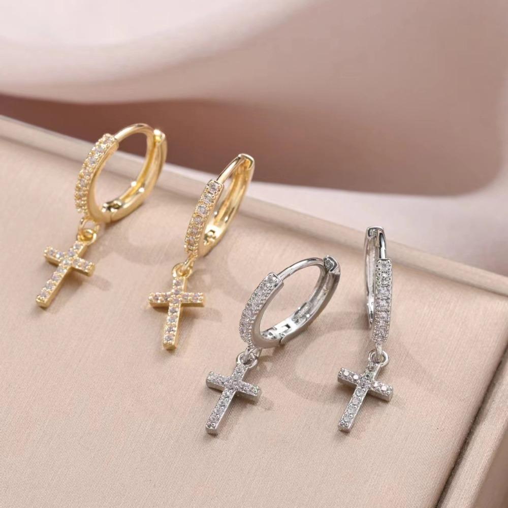 Pendientes de Aro Cruzados Hiphop para Hombres Mujeres, Pendientes de Metal con Incrustaciones de Circonita de Cristal, Joyería Pop Punk Genial Regalo
