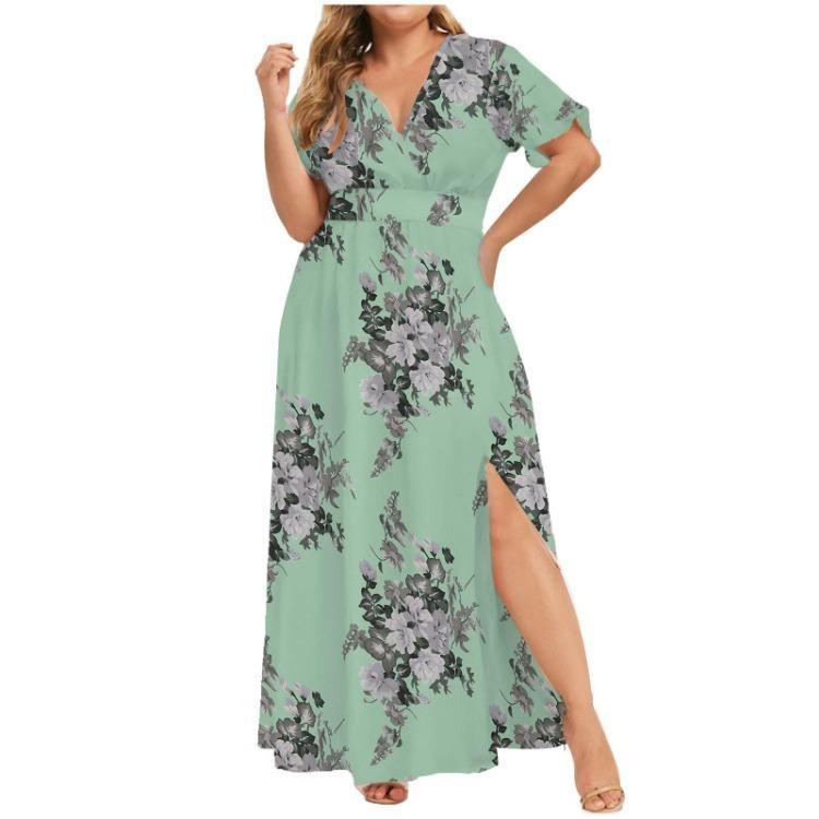 Fashion Summer Dress  Trendy Printed Hem Split Women European American Style Large Size