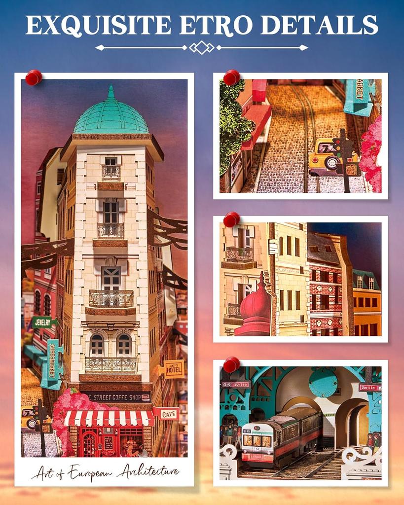Robotime DIY Miniature House Book Nook Kits Street Scene Booknook with Lights Diorama Model Building Kit Decor Gift for Adults