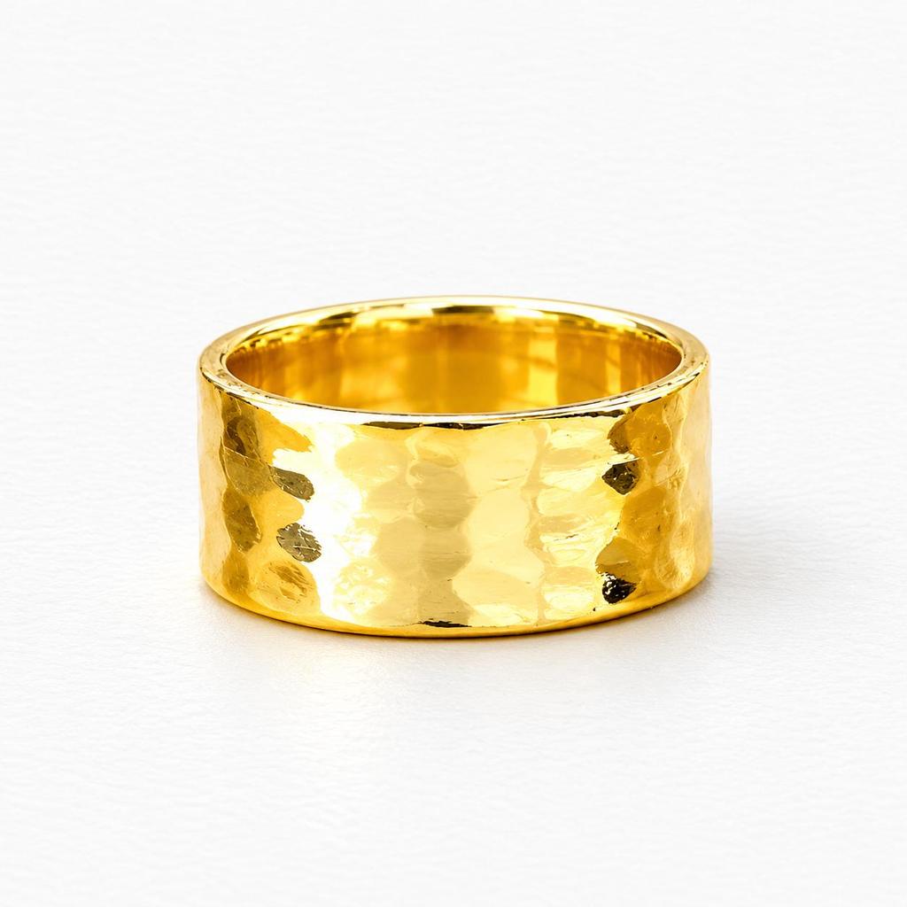 925 Sterling Silver Hammered Ring with Yellow Gold Finish | Minimalist Wide Band Statement Ring for Men Women