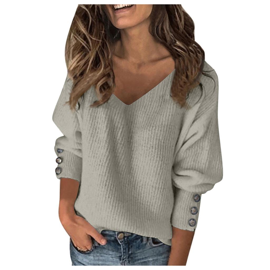 

Женский свитер в рубчик светло-голубого цвета с V-образным вырезом - Элегантный пуловер с длинным рукавом и декоративными пуговицами, осенне-зимний топ для повседневной носки XXL серый