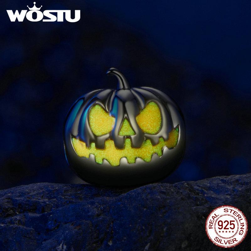 WOSTU 925 Sterling Silver Luminous Pumpkin Charms Elf Witch Pendant Devil's Eye Skull Beads Fit DIY Bracelet Necklace Halloween