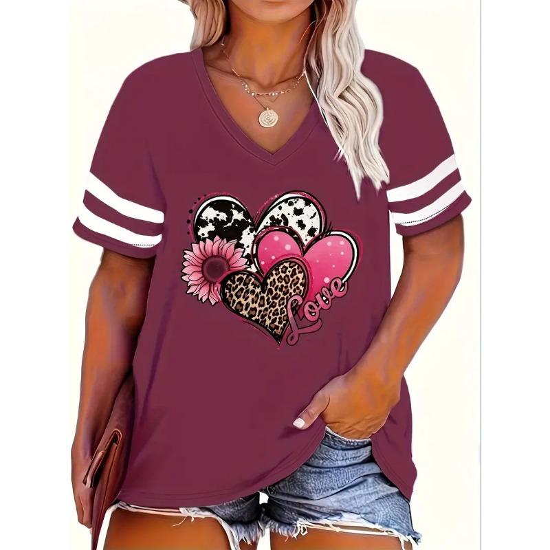 Summer V-neck 3D Love Sunflower Printed Top Fashionable Casual Short Sleeved Women's T-shirts
