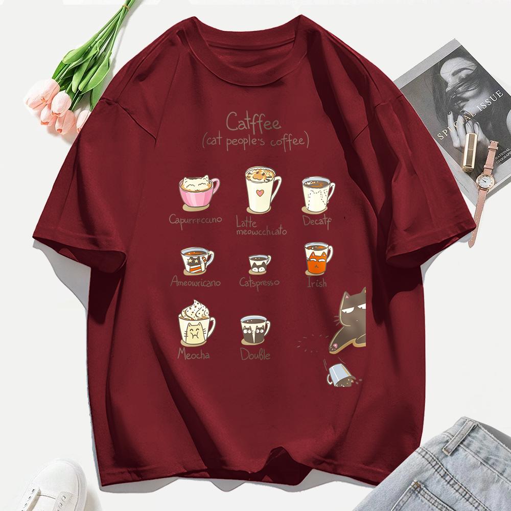 Cat People'S Coffee Illustration Printing T-Shirt Woman Summer Cotton T Shirts Y2K Soft Comfortable Top Unisex Hip Hop Clothes