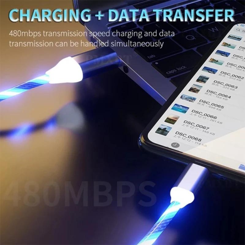 3A Glowing Cable Micro USB Type C Cable Charging For Sony Xperia Huawei Xiaomi LED Light Charger Flowing Streamer USB Cord