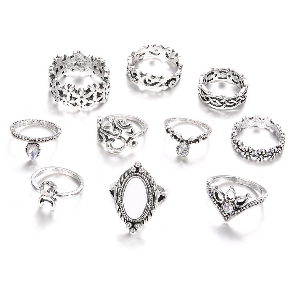 Dazzling Opal Diamond Crescent 10-Piece Joint Ring Combination Set