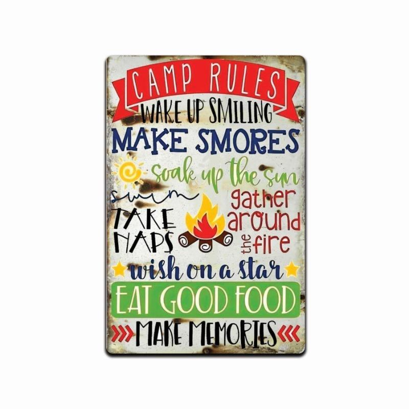 Funny Camping Rules Tin Sign, Campfire Welcome Metal Decor for Friends Campers