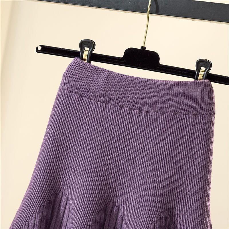 Autumn And Winter Mid-length Solid Color A-line Skirt Casual All-match Knitted Pleated Half-length Skirt Women