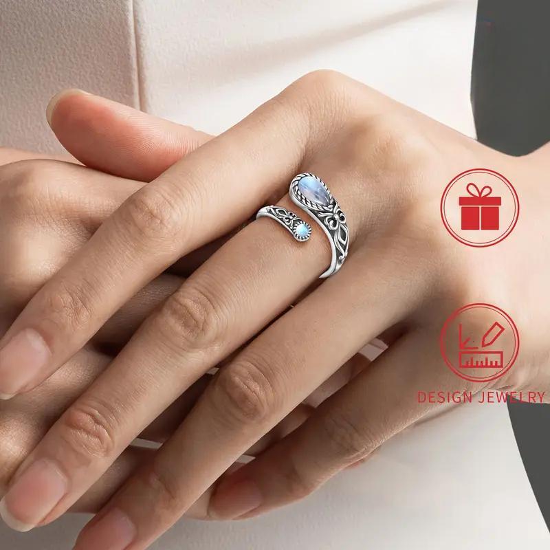 Ring Moonstone Ring Silver Color Adjustable Ring Boho Vintage Spoon Ring Butterfly Synthetic Stone Gift