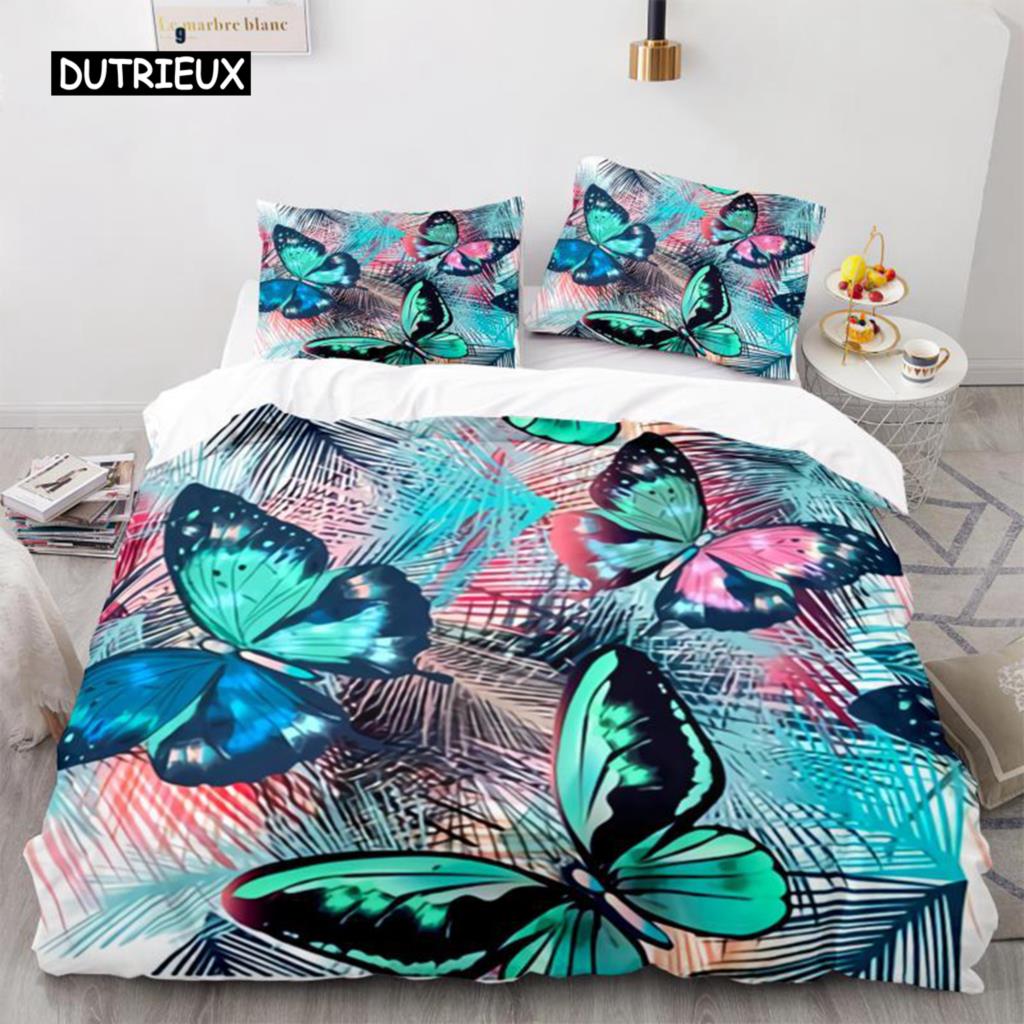 Butterfly Duvet Cover Set 3D Galaxy Purple Butterfly Floral Printed Bedding Set Fantasy Theme King Size Comforter Cover for Girl