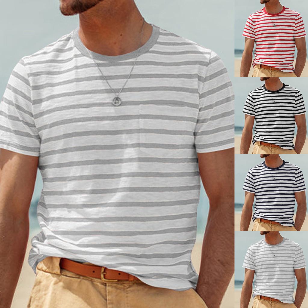 Men's Fashion Casual Striped Short Sleeve Tops Men's Round Neck T-Shirt