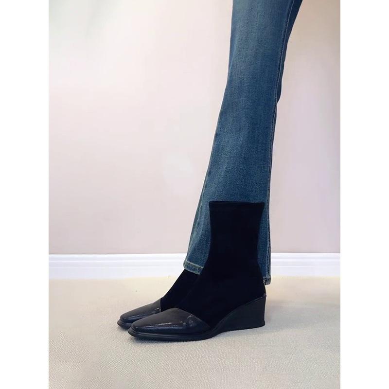 Sheepskin version~ thick-soled wedge elastic thin boots retro square head short boots women's rear zipper socks boots slim Martin boots