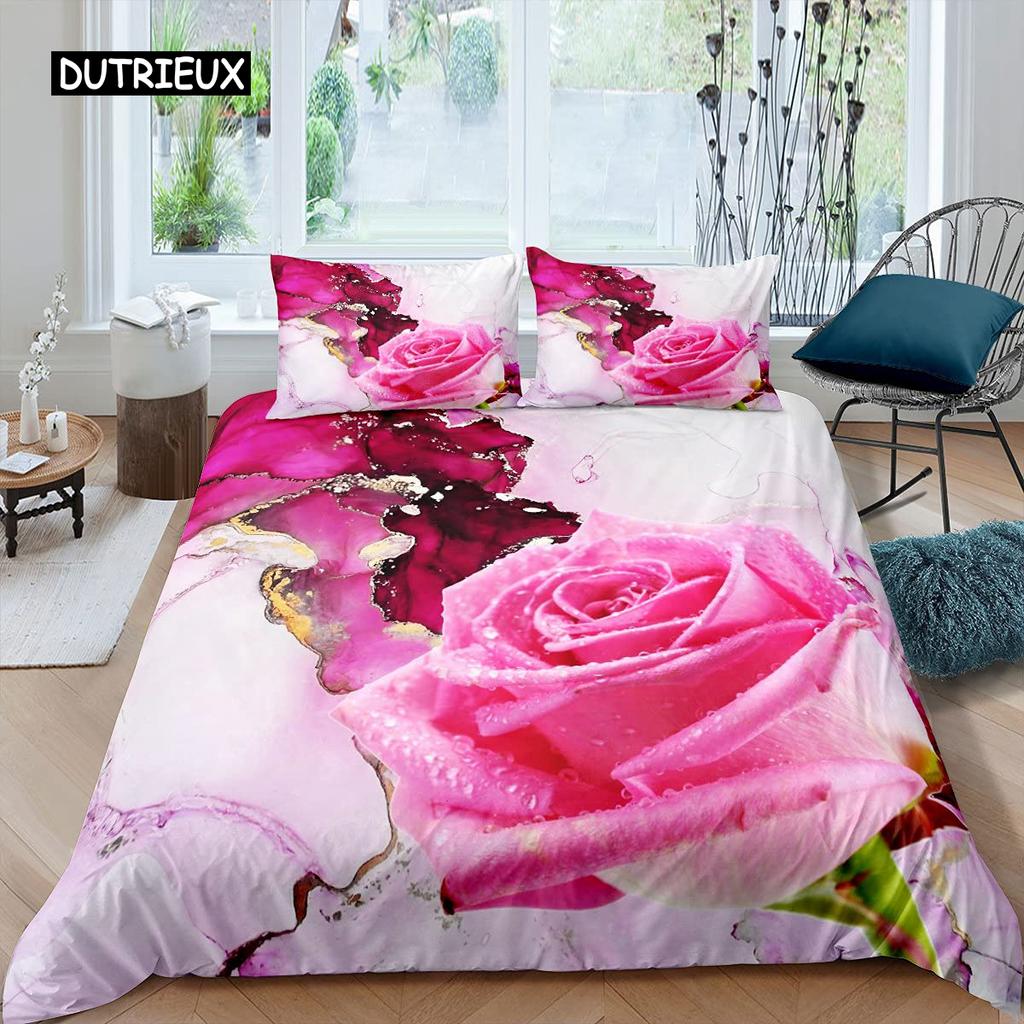 Rose Duvet Cover Set Women Chic Purple Floral Print Bedding Set Romantic Flowers Glitter King Size Comforter Cover for Couples
