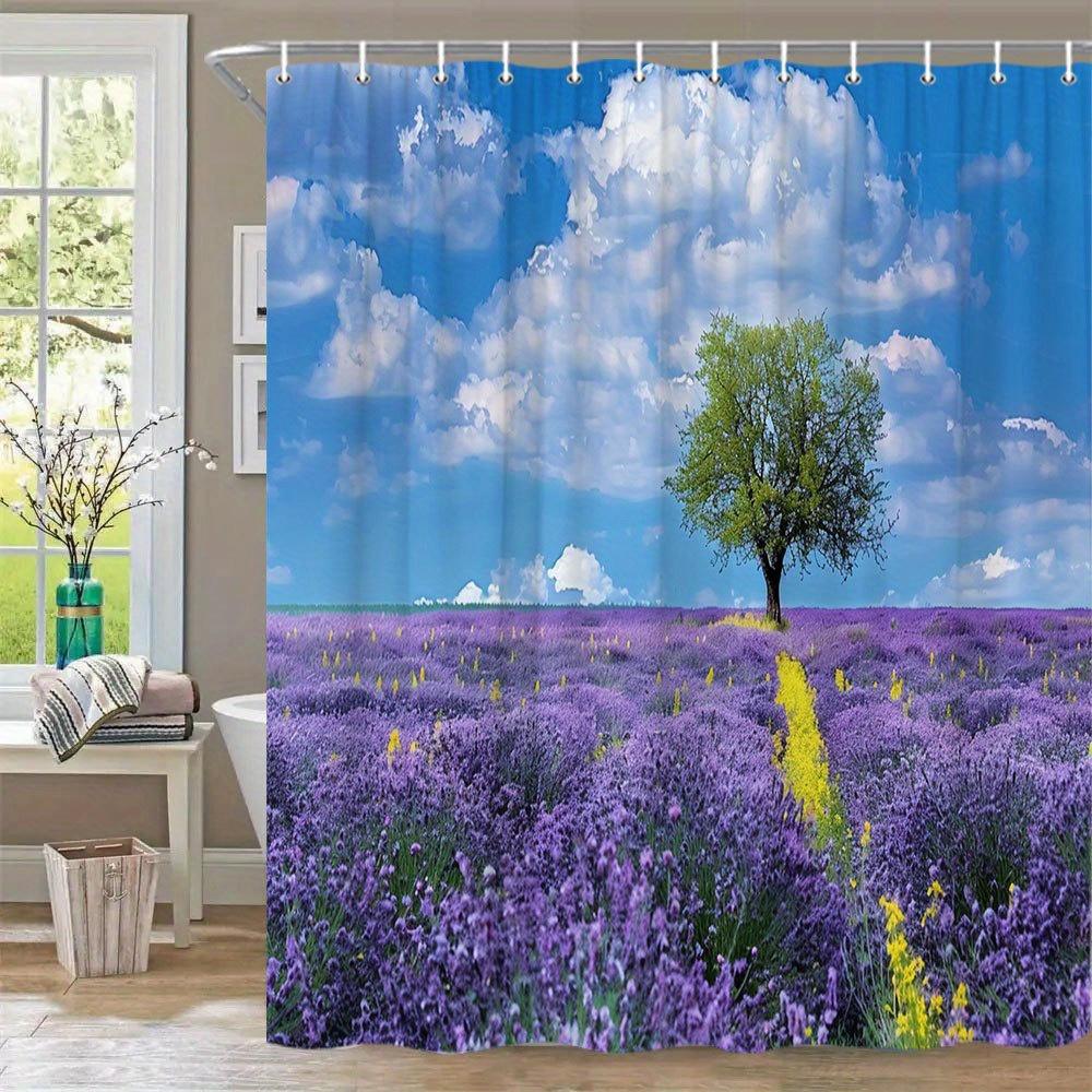 

1Pc Lavender Field Shower Curtain - Serene Countryside Landscape With Purple Flowers, Green Tree & Blue Sky Design, Machine-Wash W60H190(CM)-1 Pcs