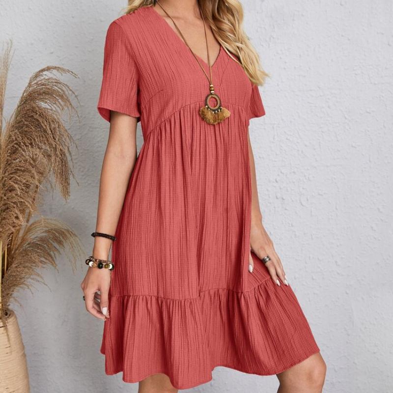 QICED Abiti casual a vita alta con scollo a V a maniche corte con stampa tinta unita primavera estate moda donna