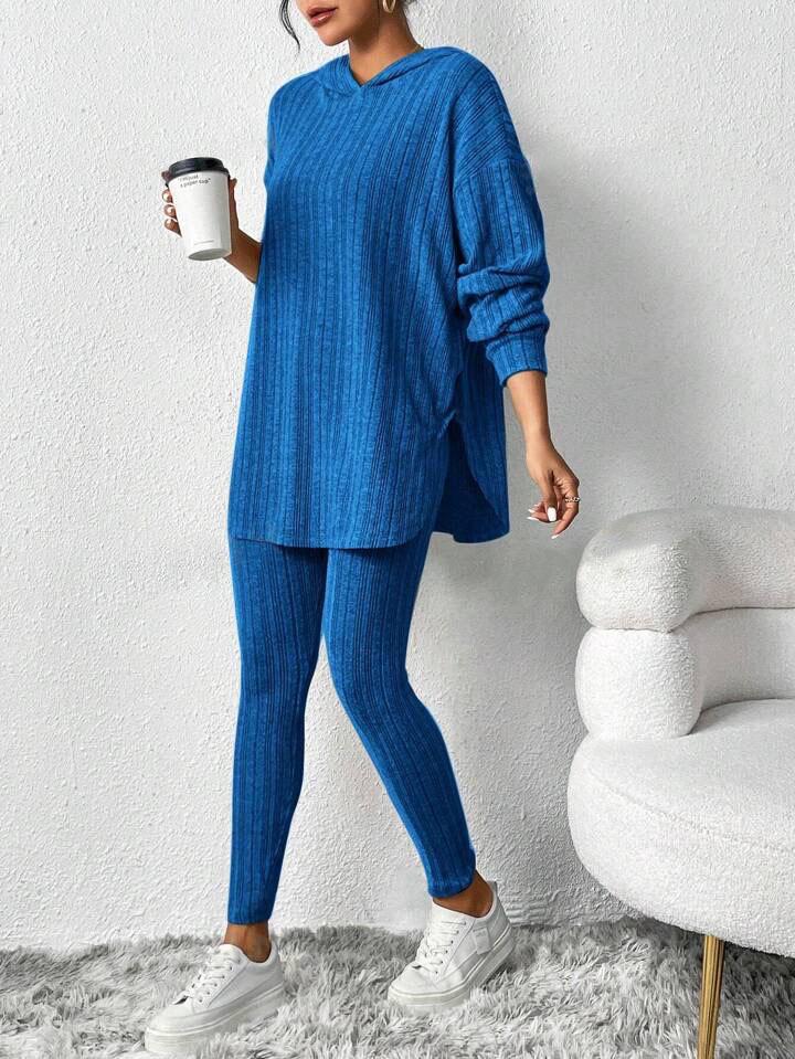 Autumn/Winter 2025 Ribbed Hooded Long Sleeve Casual Women's Set
