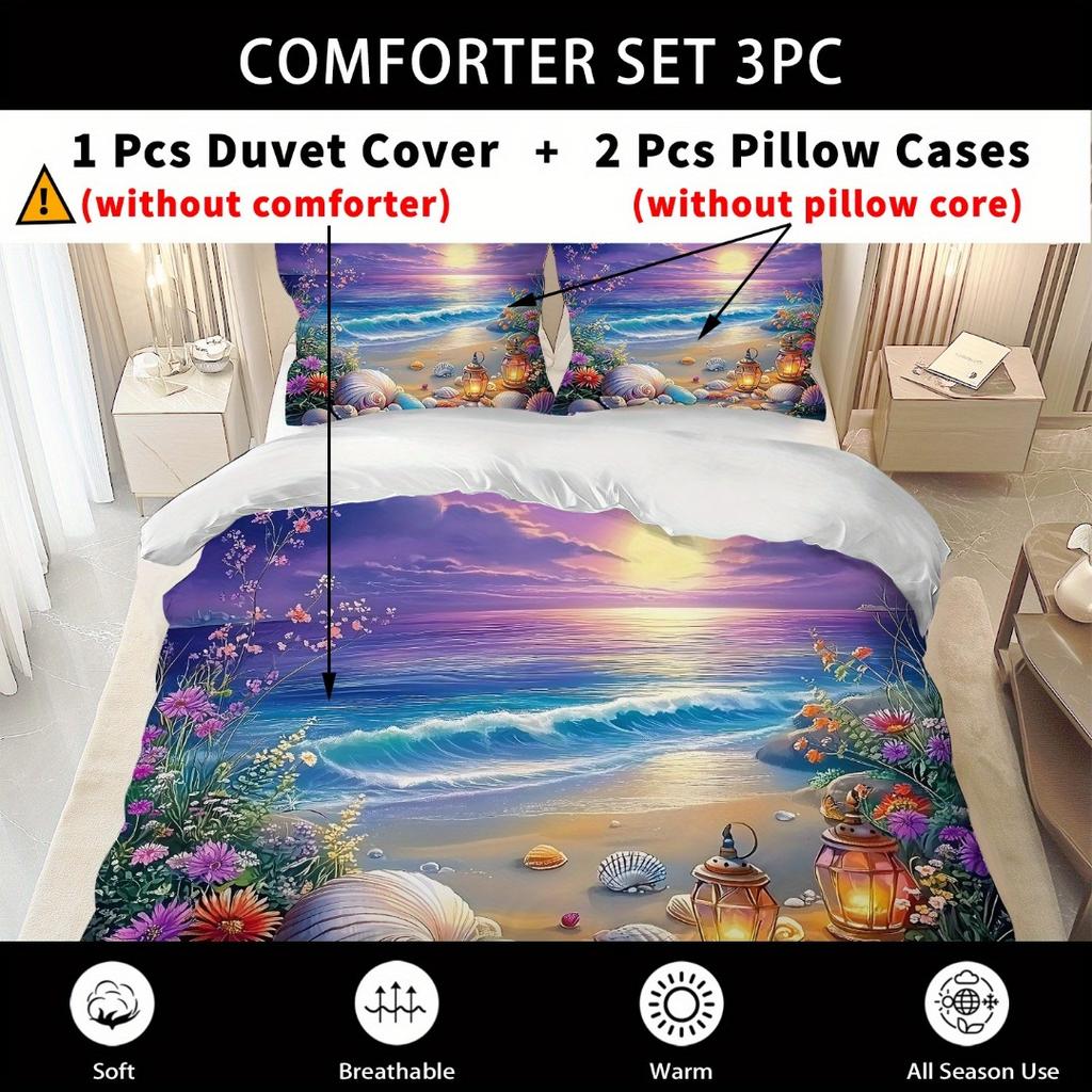 3pcs Purple Sky Seaside Beach Shell 3D Print Bedding Set Cozy Duvet Cover King Queen Twin Size Birthday Gift Bedroom Decoration