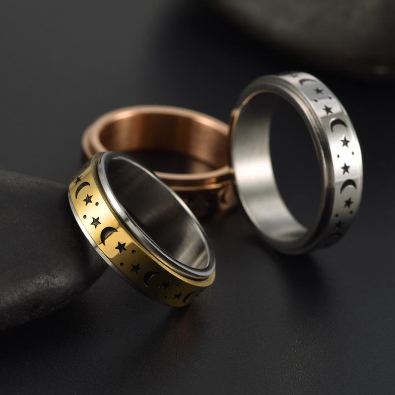 Unisex Rose Gold Star & Moon Rotating Stainless Steel Ring